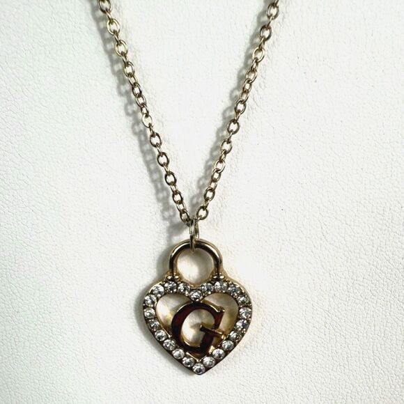 Guess Gold Tone Rhinestone Heart Lock Logo G Letter Necklace 19-21" Adjustable - Picture 1 of 7